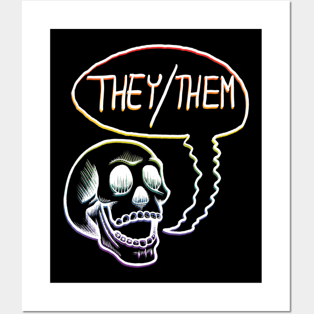 LGBTQIA+ Rainbow Pride Flag They Them Pronouns Skull Wall Art by FatCatSwagger